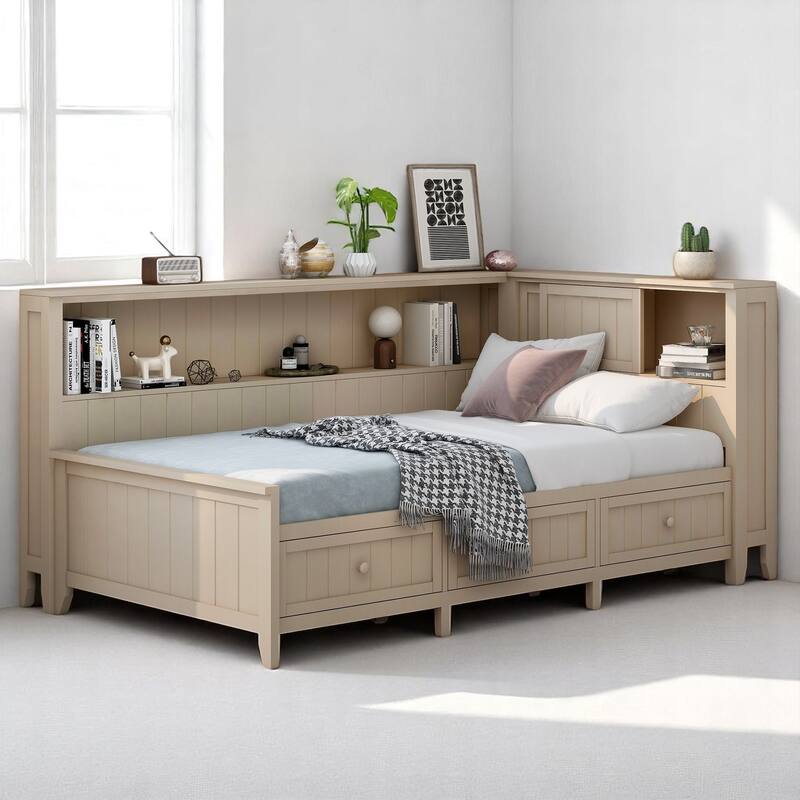 Full/Twin Daybed with Storage Shelves and 3 Drawers, Antique White Milk Farmhouse Platform Bed Frame, No Box Spring Needed