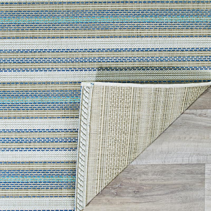 Dream Decor Rugs Samantha Sand Stripe Blue Beige Outdoor Area Rug