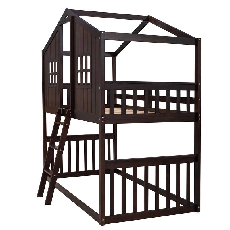Twin Solid Pine House-Shaped Bunk Bed with Ladder