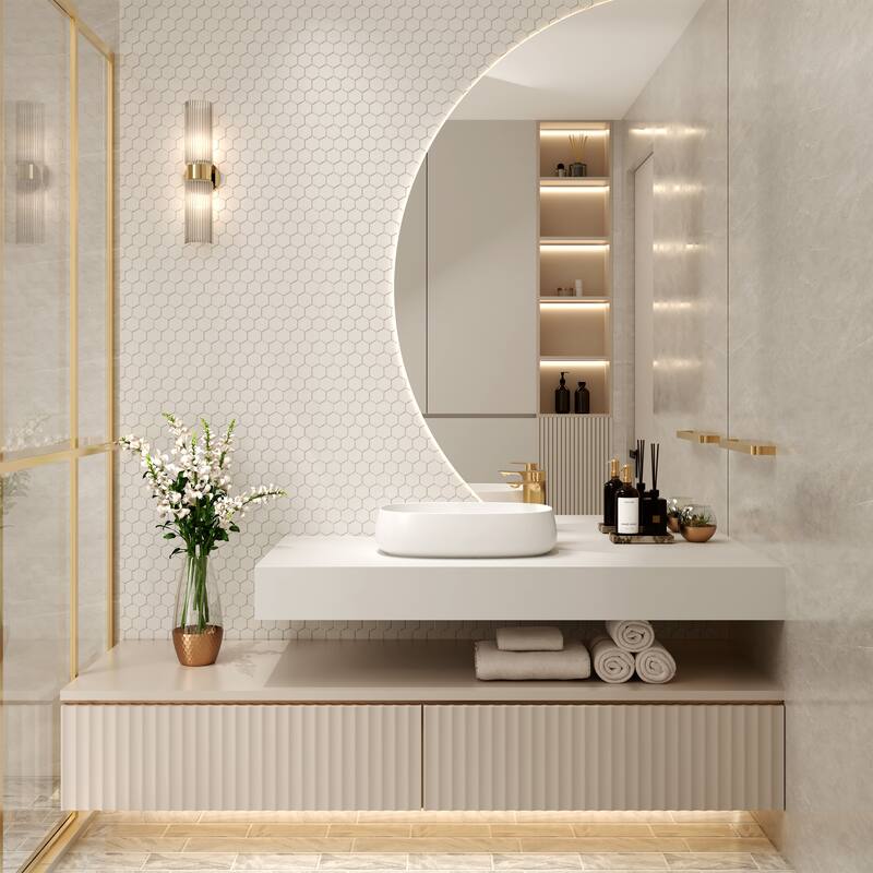 Solid Surface Vessel Bathroom Sink with Pop-Up Drain and Drain Hose, Modern Above Counter Wash Basin with Center Drain