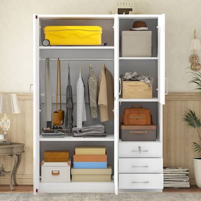 2-Doors Wooden Wardrobe Storage, with Shelves and 3 Drawers，Hanging Rod