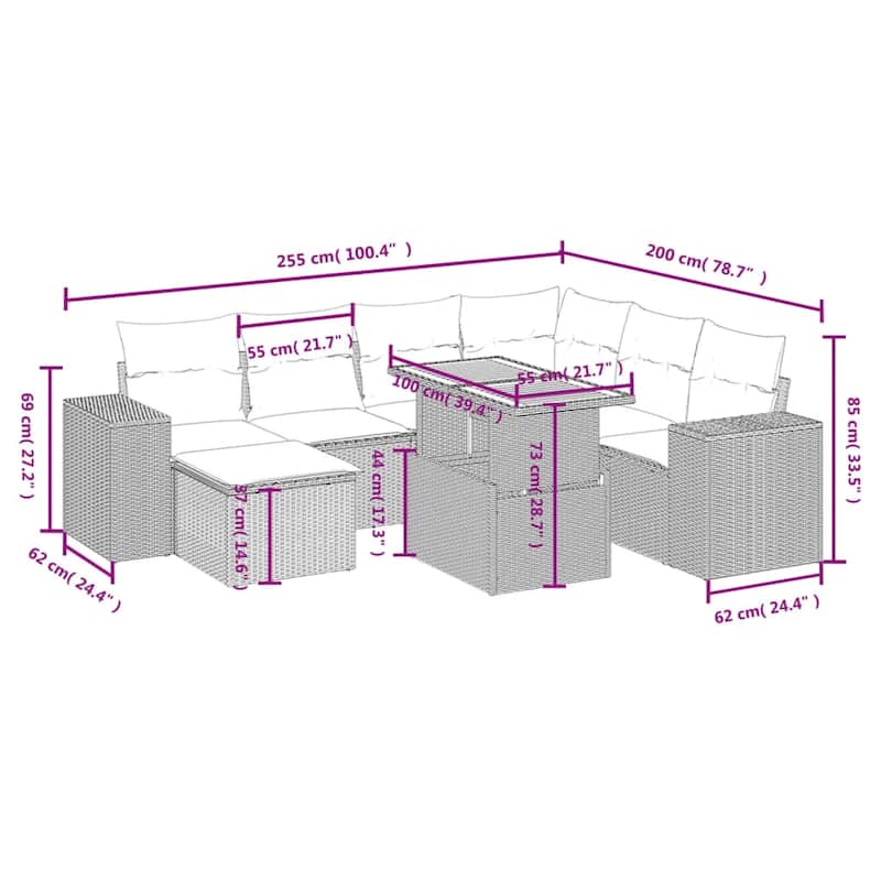 vidaXL Patio Sofa Set with Cushions Outdoor Furniture 8 Piece Poly Rattan - 24.4 x 24.4 x 27.2