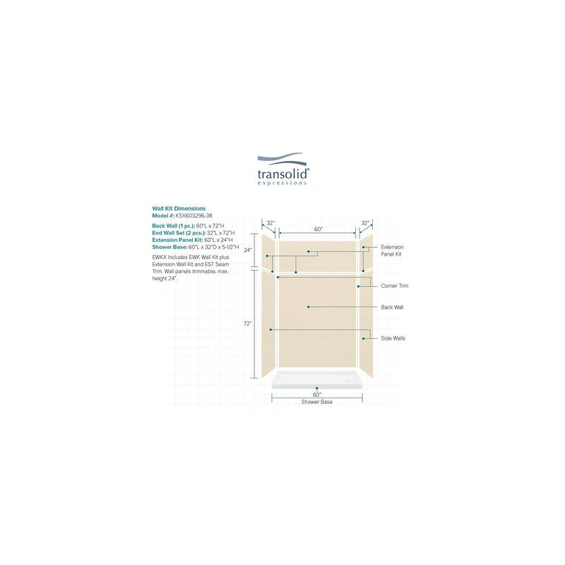 Transolid Expressions 60-in X 32-in X 96-in Glue to Wall Shower Kit - 32" x 60" x 96"