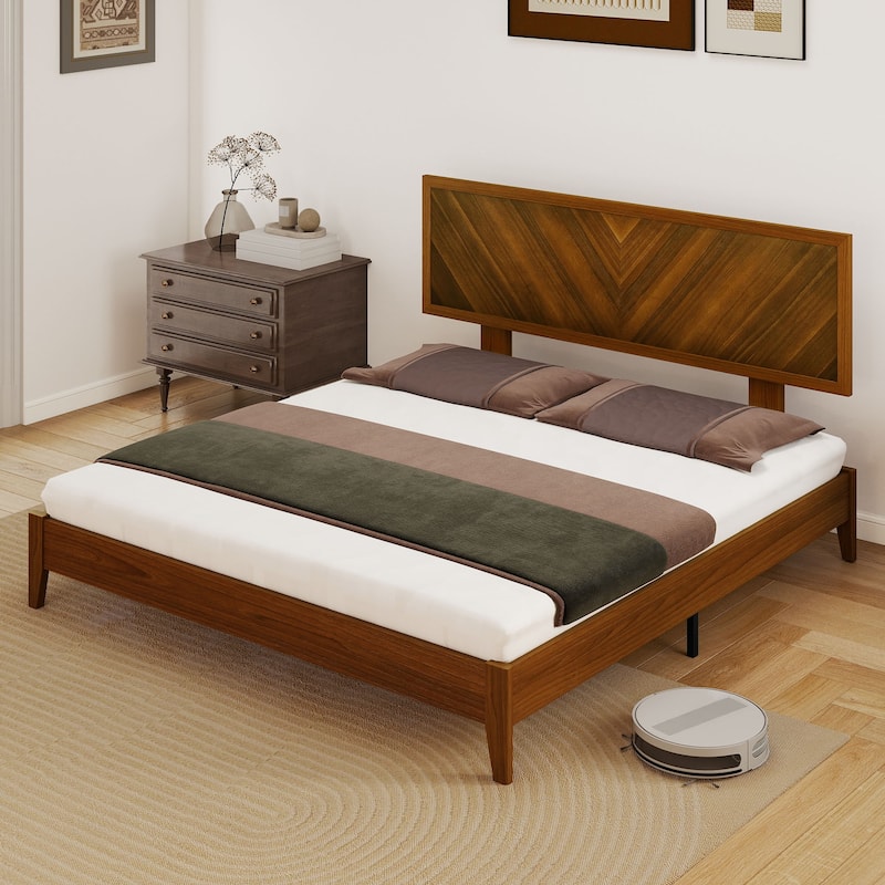 Queen/King Size Bed Frame with Adjustable Headboard Heights and Solid Wood Headboard, Walnut Color