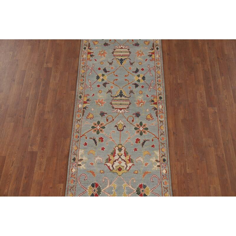 Light Blue Oushak Oriental Runner Rug Handmade Wool Carpet - 2'9" x 10'5"