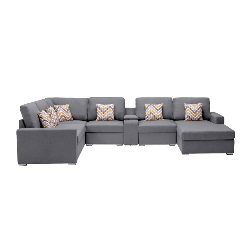 Linen Fabric 7 Piece Reversible Chaise Sectional Sofa with Storage Console Table and 6 Pillows - Gray