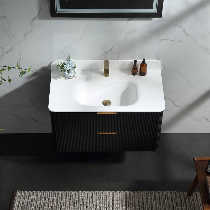 Modland Fluted Floating Vanity with Sink, Plywood Wall Mount Cabinet, Curved Edge, 24/30/36 Inch