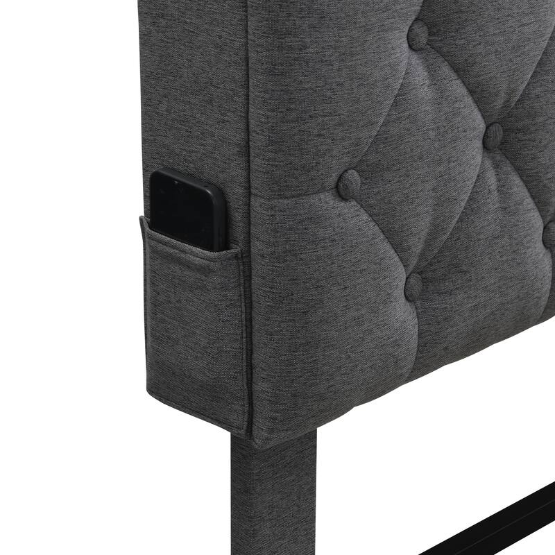 Modern Upholstered King Platform Bed with USB Ports, Storage Headboard & Side Pockets, No Box Spring Needed, Dark Grey