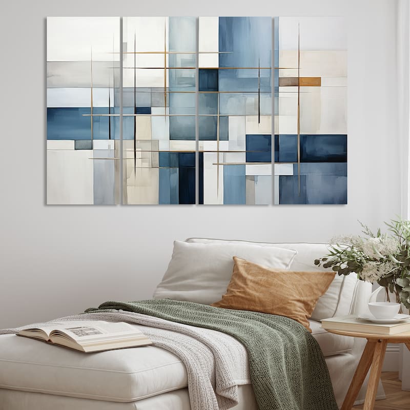 Designart "Blue Grey Line Art Abstract Geometrics I" Modern Multipanel Canvas Art Print set - 48 In. Wide X 28 In. High - 4 Panels Equal Panels