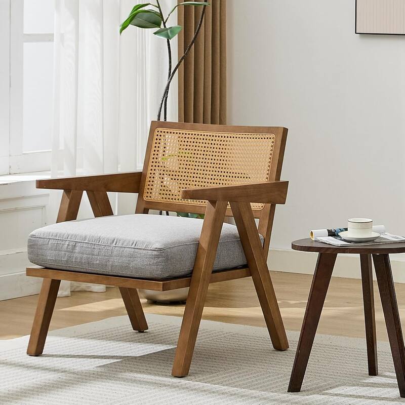 Mid-Century Farmhouse Accent Chair with Rattan Backrest for Living Room, Bedroom - Grey