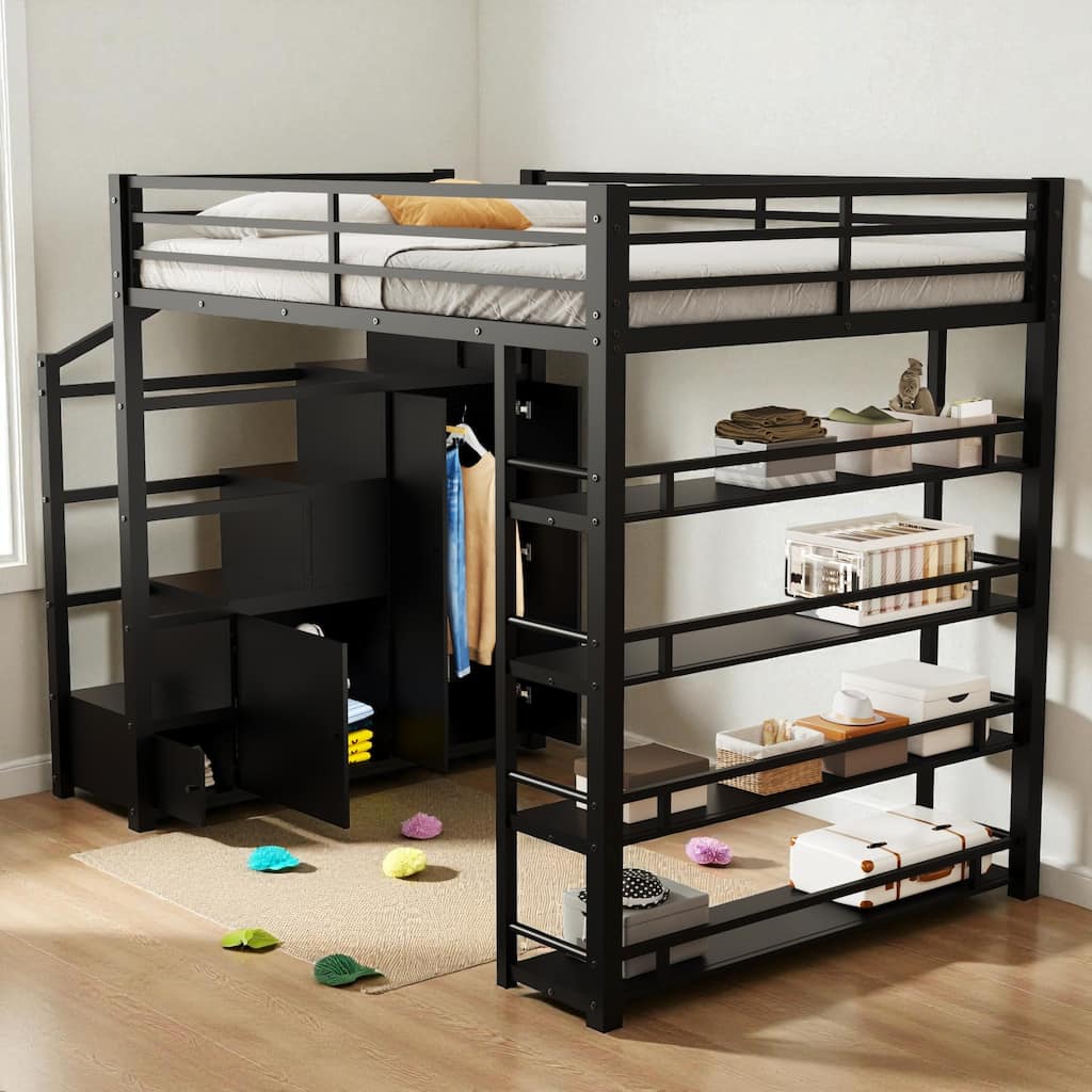Full Size Metal Loft Bed with Storage Shelves, Wardrobe, Staircase Cabinets and Study Space for Kids & Teens