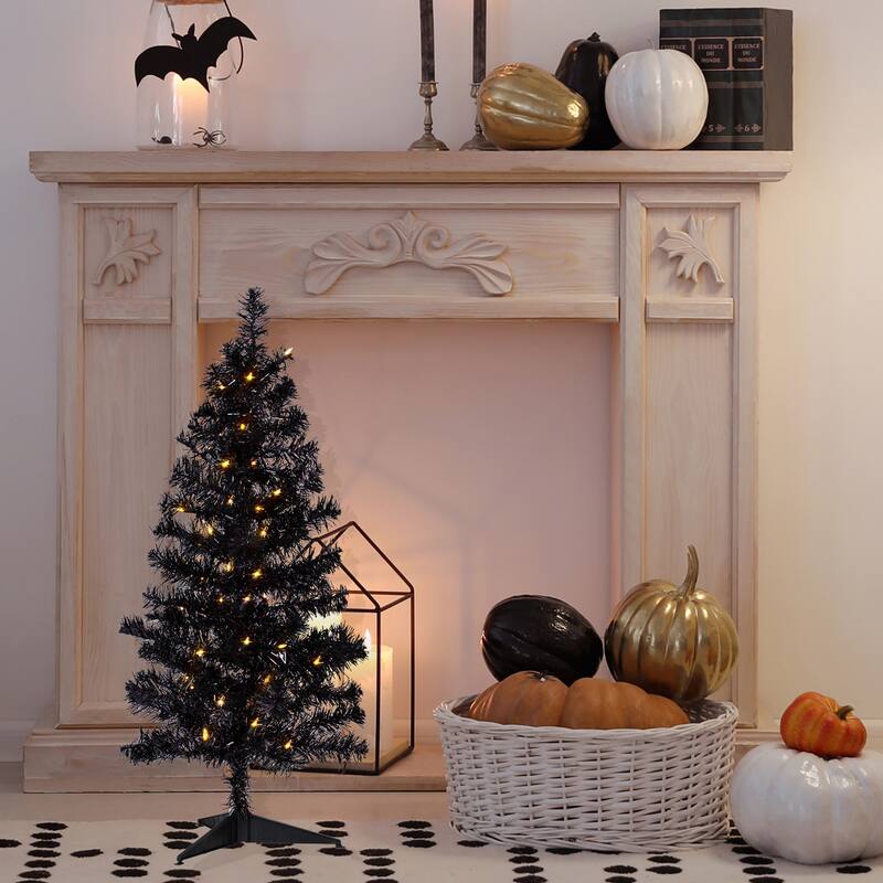 Pre-Lit Artificial Tinsel Halloween Tree - 3' - Black - Clear Lights - 3 Foot