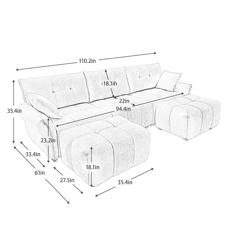 Modular Wood Frame 3-seater Sectional Sofa Set with Ottomans and Throw Pillows