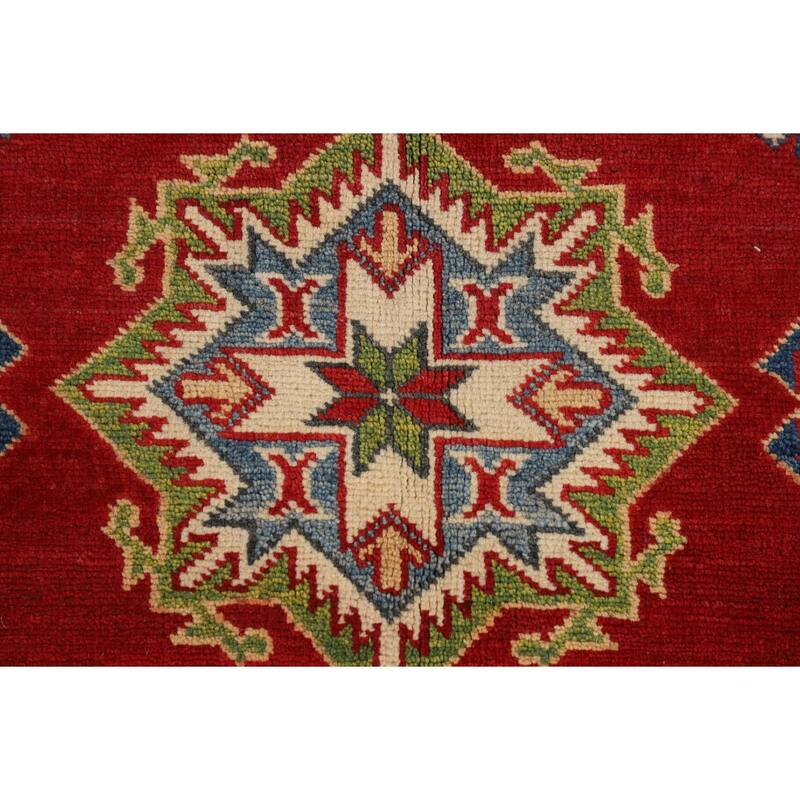 Geometric Kazak Area Rug Hand-Knotted Oriental Red Wool Carpet - 6'6" x 9'11"