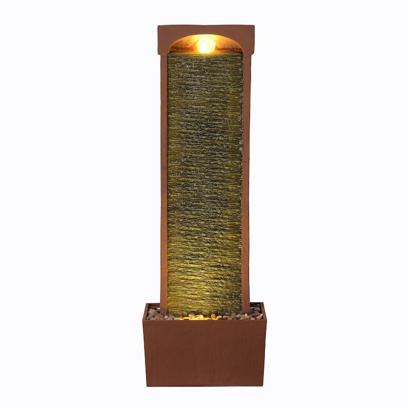 Teamson Home Modern Curved Faux Slate Waterfall Fountain with LED Lights - Indoor Outdoor Decor
