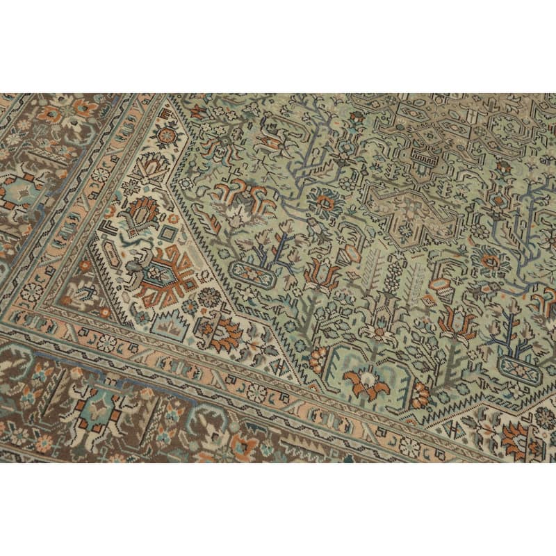 Hand Knotted Oriental 100% Wool Carpet Traditional Floral Green Tabriz Area Rug - 9' 5'' X 6' 5''