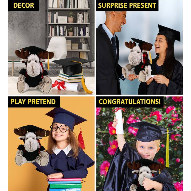 DolliBu Moose with Red Plaid Outfit Graduation Plush with Gown and Cap - 9 inches