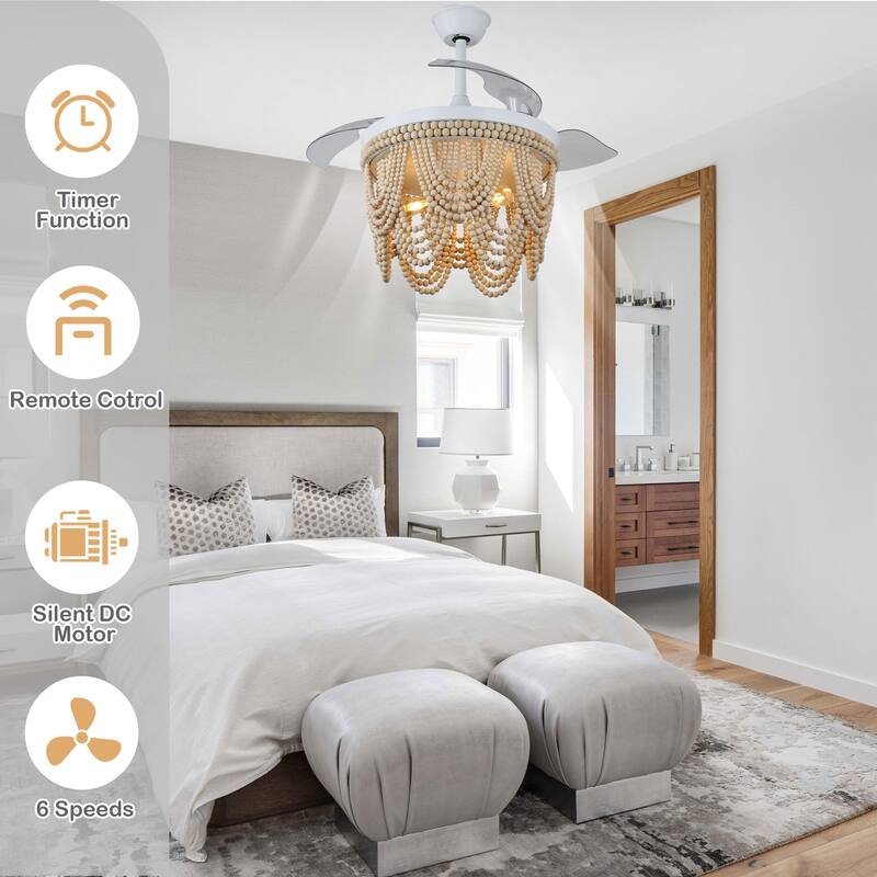 Cusp Barn 42 Inch Boho Retractable Ceiling Fan with Remote, Coastal 6 Speeds Fandelier, Farmhouse Caged Wood Beaded Ceiling Fan