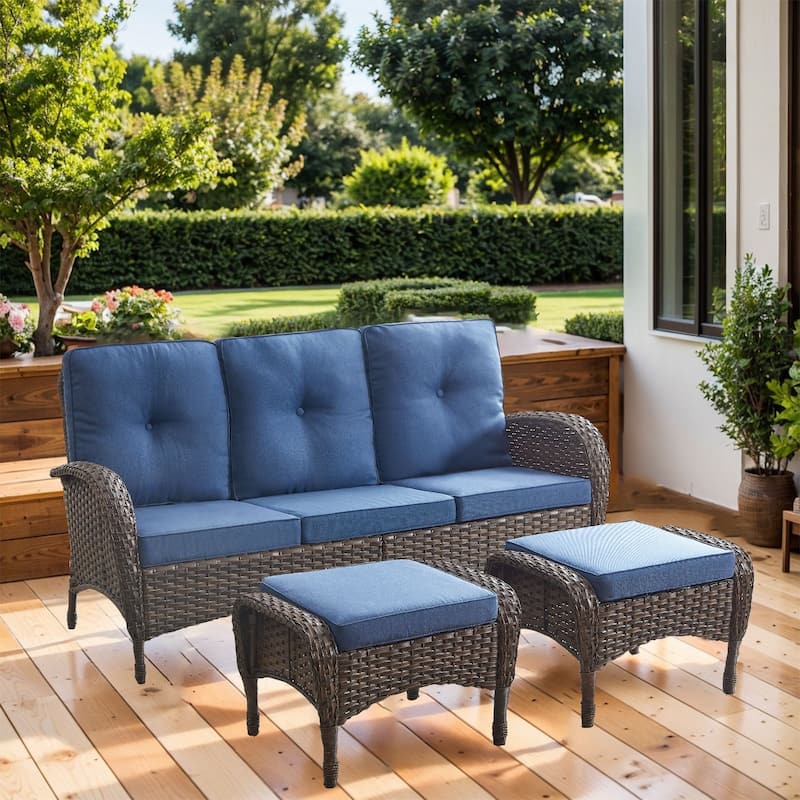 Gymojoy 3-Piece Outdoor Wicker Patio Furniture with 3 Seat Sofa, Rattan Coversation Set with Water Resistant Cushions - Brown Wicker / Blue Cusion - 3-Piece