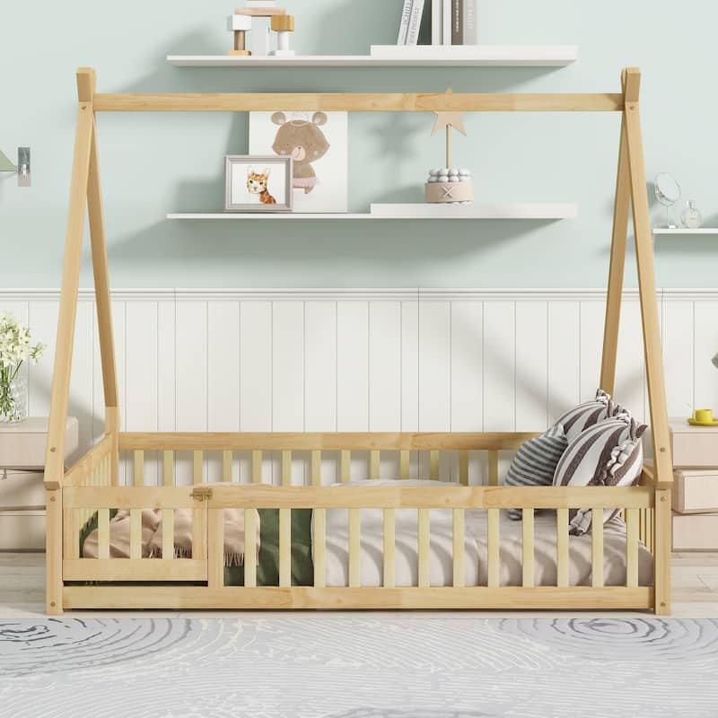 Full Size Rubber Wood Tent-shaped Floor Bed, with Guardrails, Slats and Door - Natural