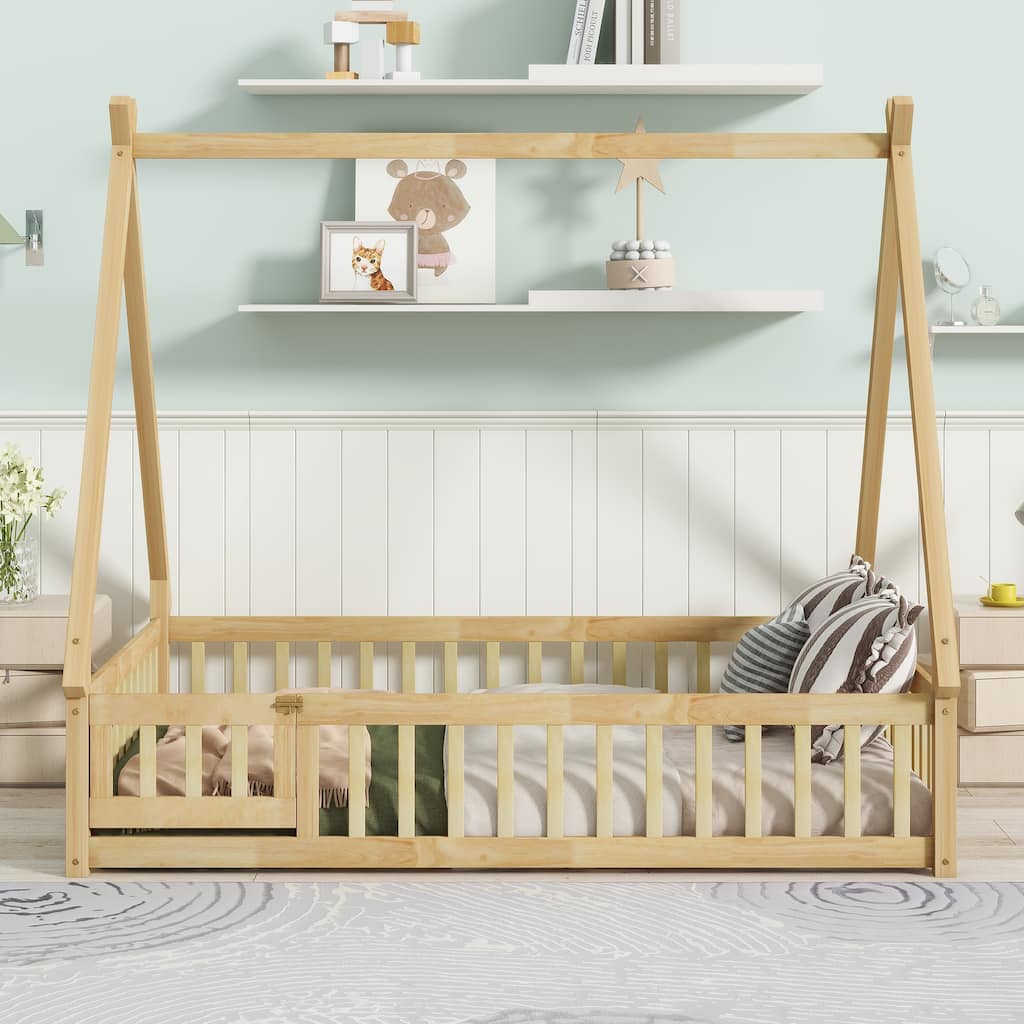 Full Size Rubber Wood Tent-shaped Floor Bed, with Guardrails, Slats and Door