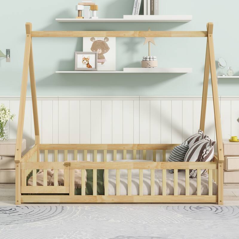 Tent-Shaped Floor Bed, Wooden Kids Teepee Bed with Fence and Door
