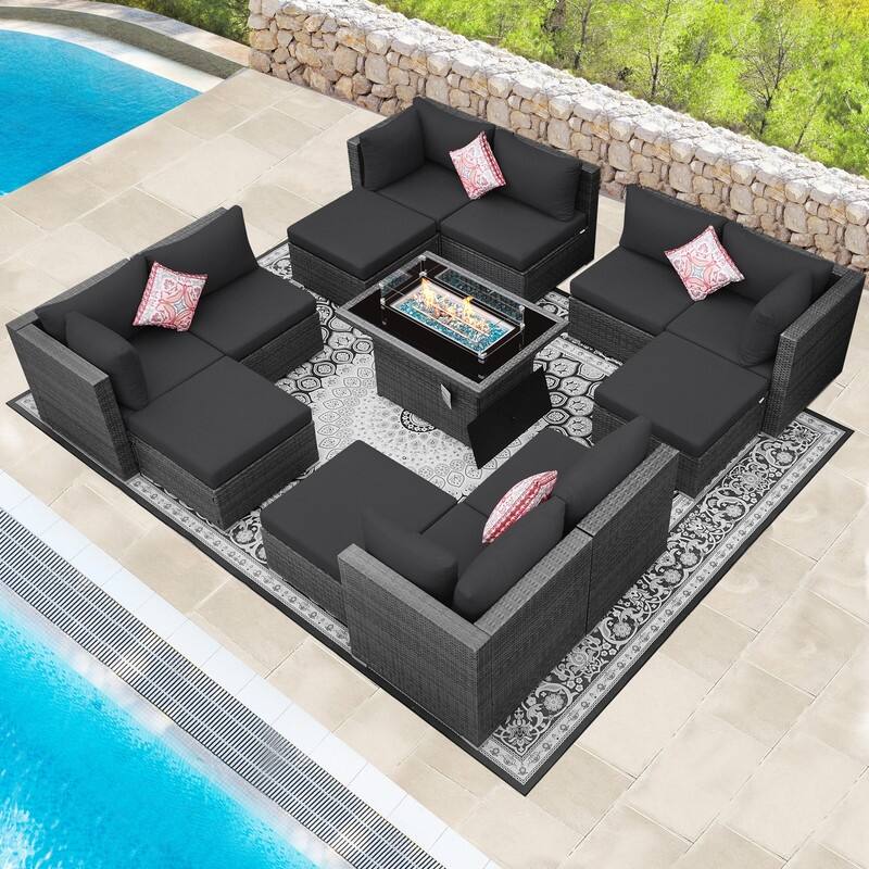 FINCATI Outdoor Grey Wicker Sectional Furniture Patio Sofa Set with Firepit Table - 13 Pcs - Dark Grey