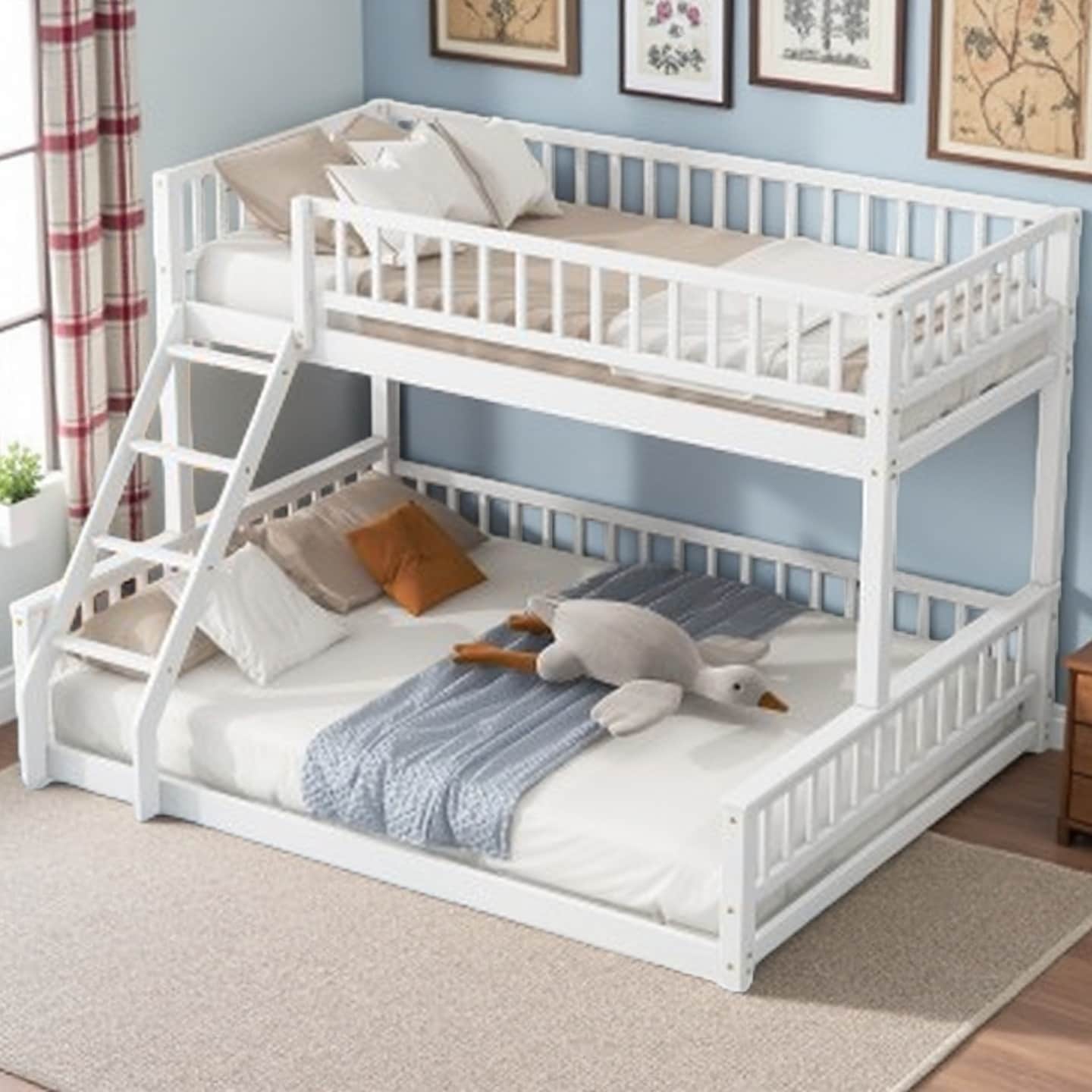 Convertible Bunk Bed with Twin XL and Queen Frame, Wood Design with Guardrails Included