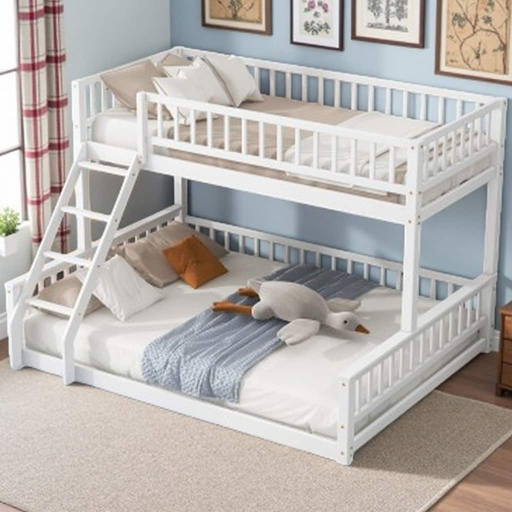 Convertible Bunk Bed with Twin XL and Queen Frame, Wood Design with Guardrails Included