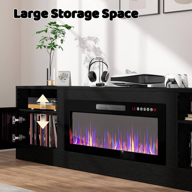 BOSSIN 80" Modern Electric Fireplace TV Stand with 20-Color LED Lights, Fits Up to 90" TV, Adjustable Shelves & Storage Cabinets