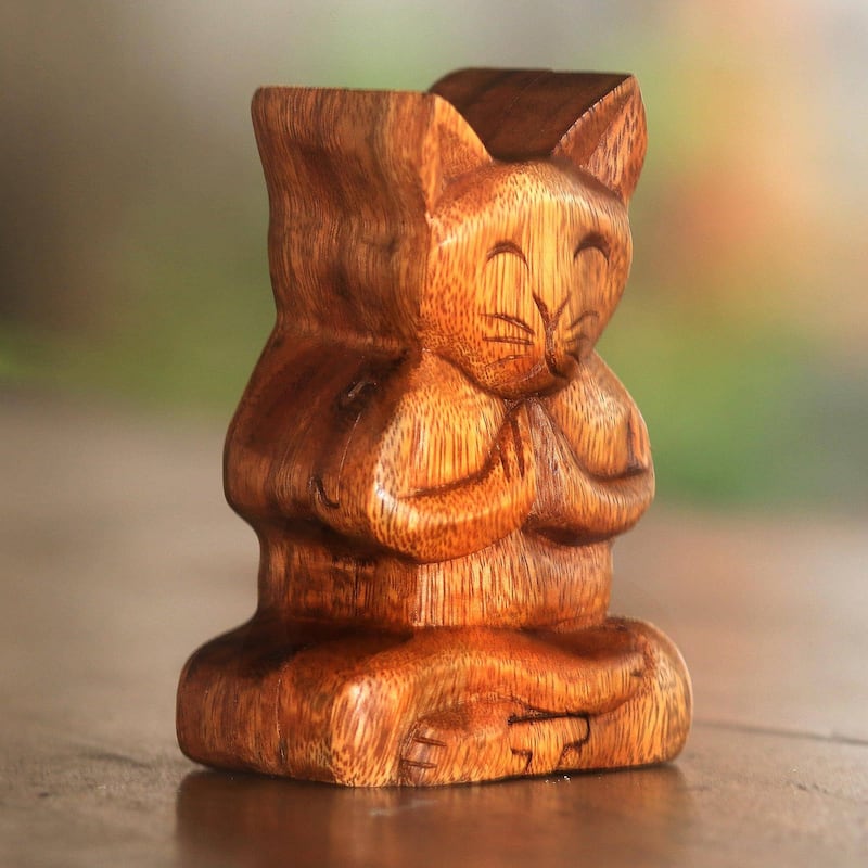Novica Handmade Meditating Cat Wood Puzzle Box - 5" H x 3.5" W x 2.4" D