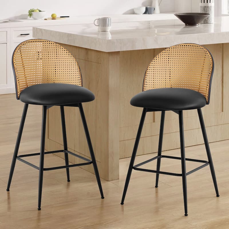 26-Inch Swivel Counter Height Bar Stools with Rattan Back - 36"H x 18.5"W x 19.7"D
