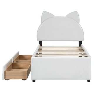 Platform Bed with Cartoon Ears Shaped Headboard & 2 Drawers, PU Upholstered Platform Bed with Slats Support for Kids Boys, Girls