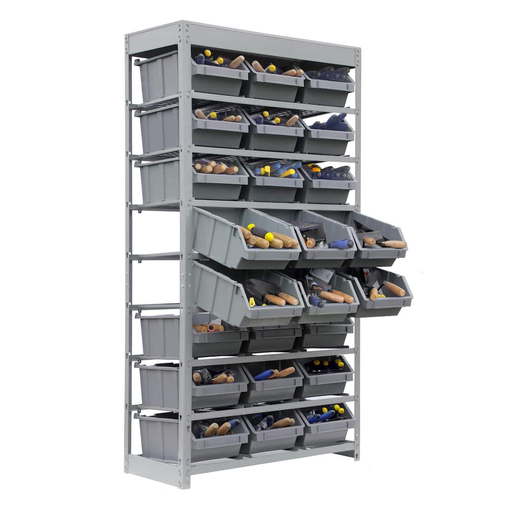 King's Rack Bin Rack Storage System Heavy Duty Steel Rack Organizer Shelving Unit w/ 24 Plastic Bins in 8 tiers.