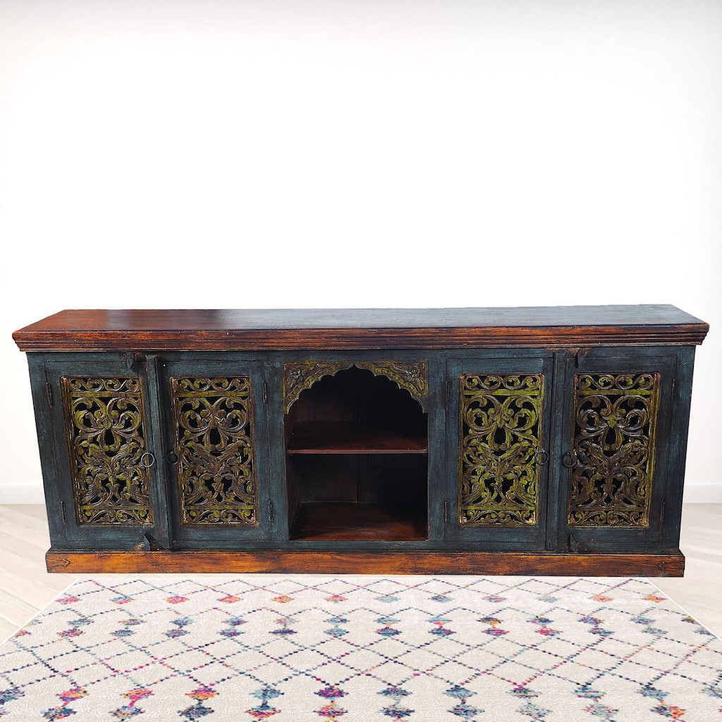 HomeRoots 91" Brown Gray and Green Solid Wood Buffet Table with Two Doors - 91.00 in. x 36.00 in. x 16.00 in.