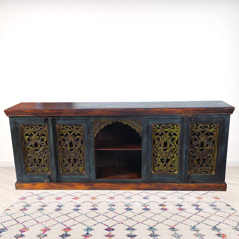 HomeRoots 91" Brown Gray and Green Solid Wood Buffet Table with Two Doors - 91.00 in. x 36.00 in. x 16.00 in. - 91.00 in. x 36.00 in. x 16.00 in.