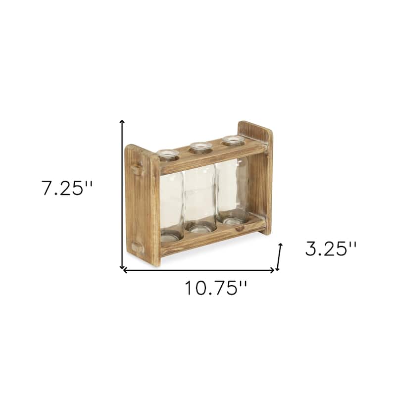 7" Set of Three Glass Jars in a Wood Rack - 10.75 x 3.25 x 7.25