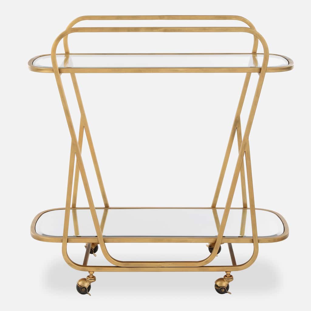 2 Tier Mirrored Top Beveled Serving Cart - 35.75" - Brass