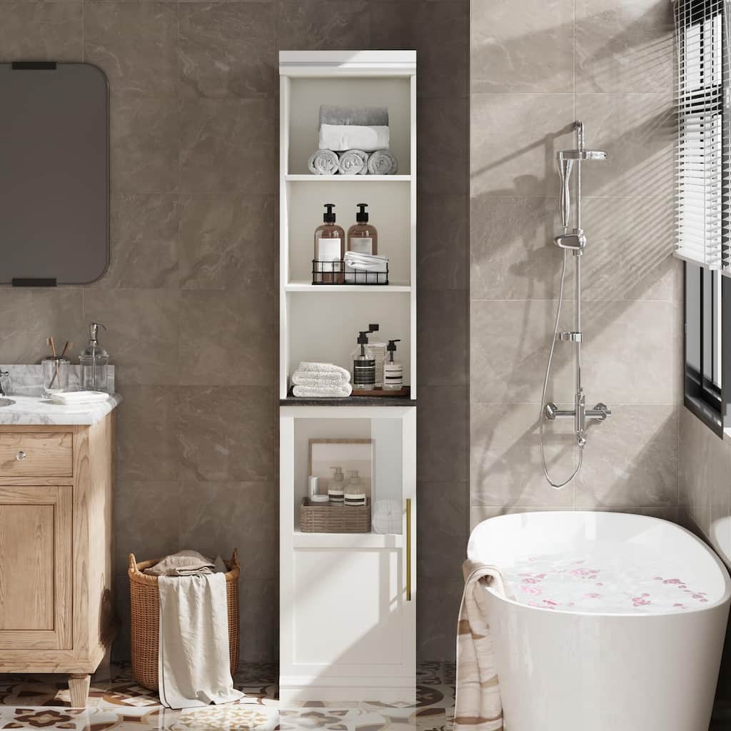 70" Bathroom Storage Cabinet, Slim Freestanding Bathroom Cabinet with Door and Open Shelves Boards