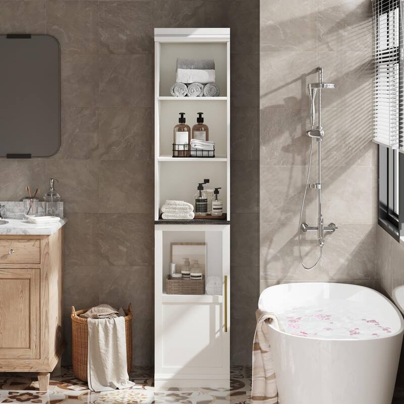 70 Inch Tall Narrow Storage Cabinet with Open Shelves for Small Spaces, Bathroom, Laundry Room Corner