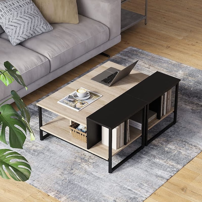 Farmhouse Glass Coffee Table with Storage, Metal Wood