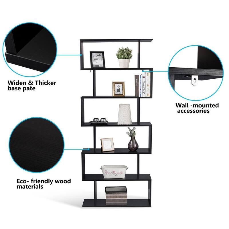 Versatile 6-Tier S-Shaped Storage Bookshelf in Z-Shelf Style-Black - 31.5" x 9.5" x 76" (L x W x H)