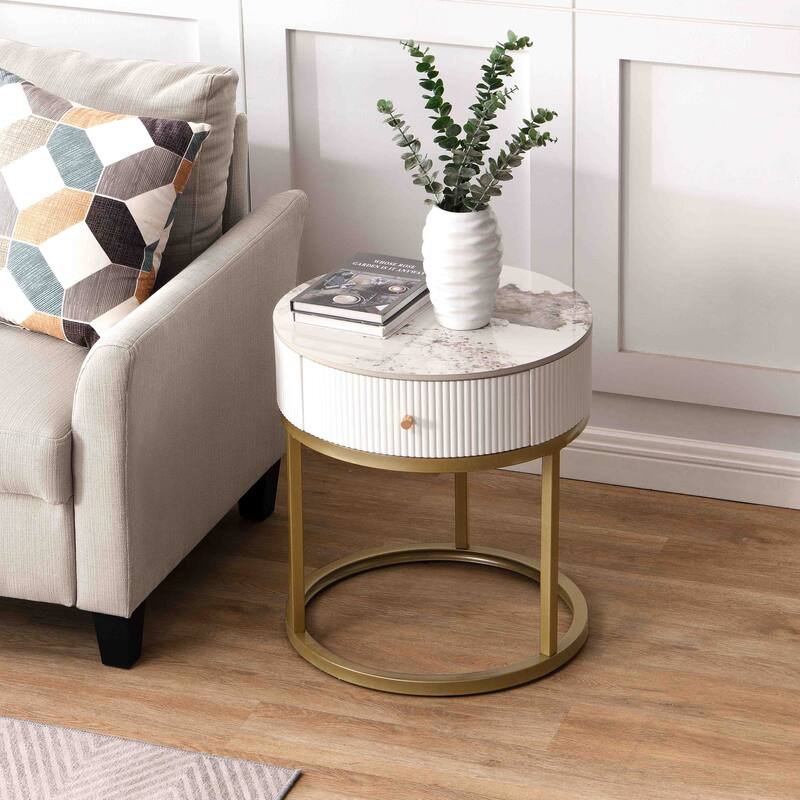 19.68 Inch Modern Nightstand with Drawer, Marble Round End Table with storage, Side Table