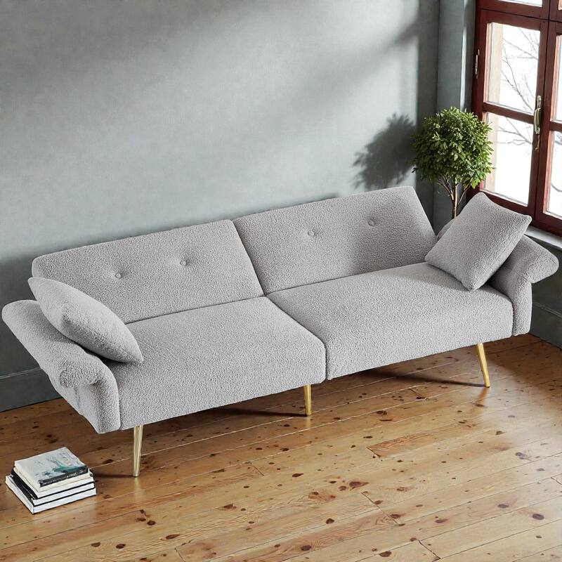 Modern Teddy Loveseat Sofa with Side Pocket, Folding Sleeper Sofa Bed with Adjustable Backrest and Golden Metal Legs