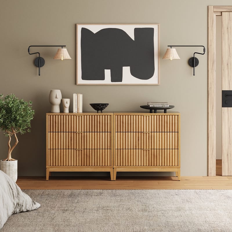 Jasper Mid-Century Modern 3-Drawer Dresser with Solid Wood Frame and Fluted Door Fronts - Warm Pine Set of 2 - 3-drawer
