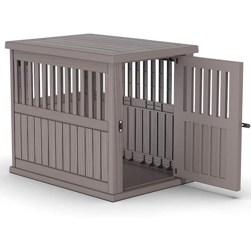 Resin Dog Crate for Small and Medium Dogs, Weatherproof, Ventilated Design, Plastic Dog House with Lockable Door - BROWN