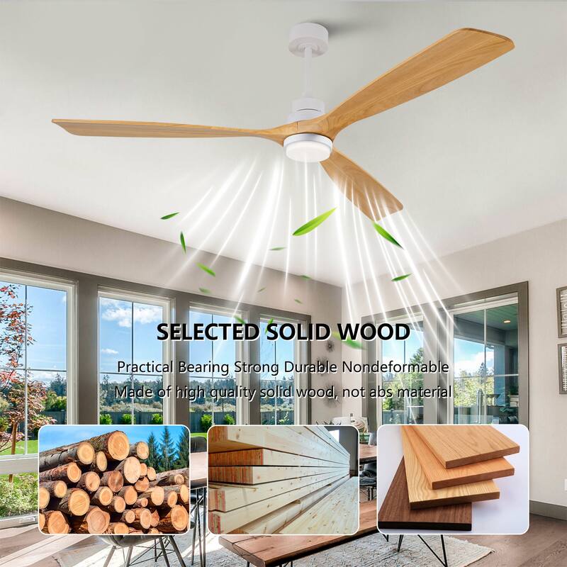72" Ceiling Fan w/ 3 Color Dimmable 3 Solide Wood Blades Remote Control Reversible DC Motor