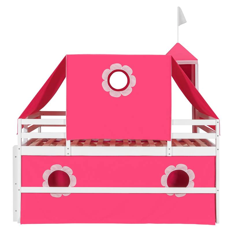 Pink Castle Loft Bed Full Size Bed Tent Frame for Kids with Tower, Slide, Charming window and Semi-enclosed Underbed Space