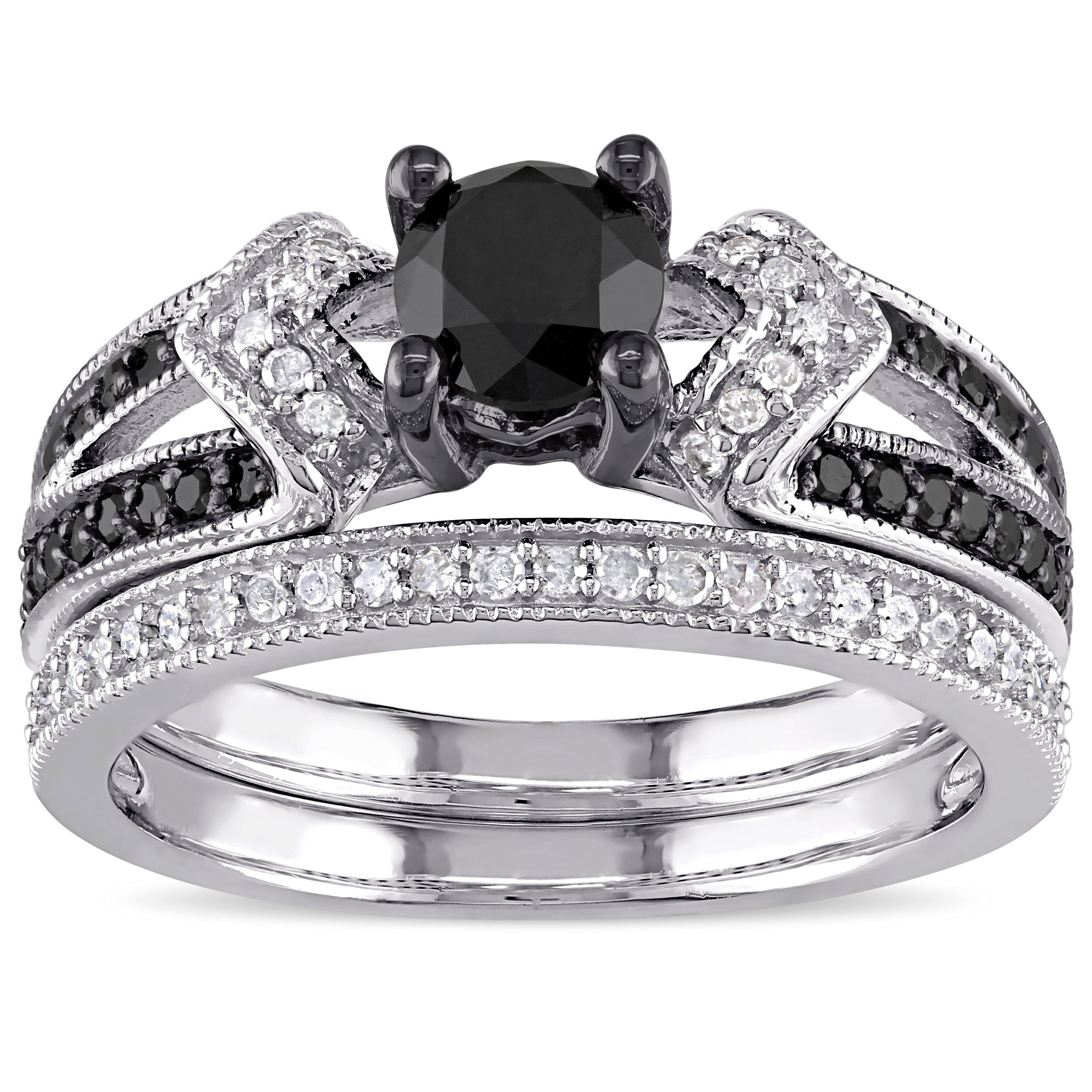 Miadora Sterling Silver Black Rhodium 1 1/8ct TDW Black and White Diamond Split Shank Bridal Set
