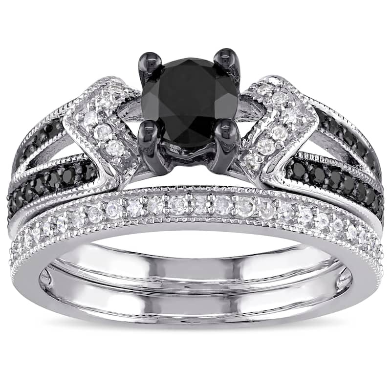 Miadora Sterling Silver Black Rhodium 1 1/8ct TDW Black and White Diamond Split Shank Bridal Set